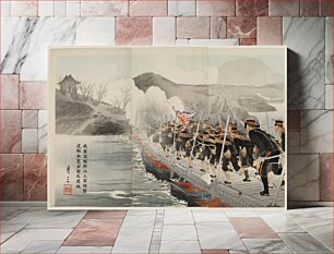 Πίνακας, Our Army Crosses the Yalu River on the Pontoon Bridge and Drives Back the Enemy Forces to Finally Occupy Jiuliancheng