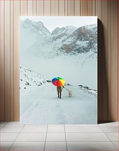 Πίνακας, Person and Dog with Colorful Umbrella in Snowy Mountains Πρόσωπο και σκύλος με πολύχρωμη ομπρέλα στα χιονισμένα βουνά