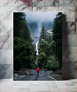 Πίνακας, Person in Red Jacket Walking Towards Waterfall Άτομο με κόκκινο σακάκι που περπατά προς τον καταρράκτη