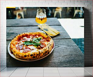 Πίνακας, Pizza with Beer on a Rustic Table Πίτσα με μπύρα σε ρουστίκ τραπέζι