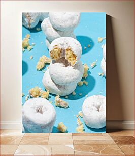 Πίνακας, Powdered Sugar Donuts on Blue Background Ντόνατς με ζάχαρη άχνη σε μπλε φόντο