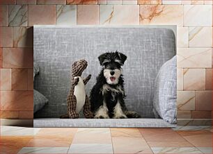 Πίνακας, Puppy and Stuffed Dinosaur on Sofa Κουτάβι και γεμιστός δεινόσαυρος στον καναπέ