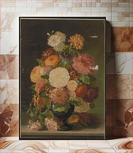 Πίνακας, [Red, orange, white, and pink flowers in a black vase]