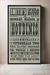 Πίνακας, Return of the greatest of all magicians, the Houdinis, Harry, Bessie original introducers of metamorphosis, greatest and finest trunk mystery the world has ever seen, challenge hand-cuff act, open to the world