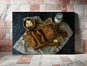 Πίνακας, Rustic Banana Bread with Butter and Milk Χωριάτικο ψωμί μπανάνας με βούτυρο και γάλα