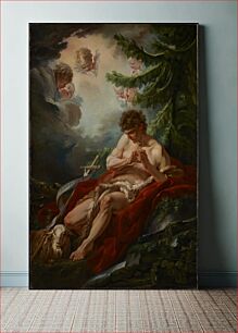 Πίνακας, Saint John the Baptist in the Wilderness in a loin cloth reclining on red drapery under a tree by a stream with his hands clasped with the lamb and the cross by his side