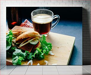 Πίνακας, Sandwich and Coffee on a Wooden Board Σάντουιτς και καφές σε ξύλινη σανίδα