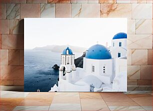 Πίνακας, Santorini Seascape with Blue Domes Θαλασσογραφία Σαντορίνης με Μπλε Θόλους