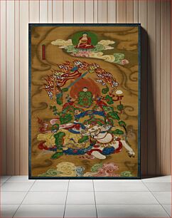 Πίνακας, Seated Buddha at top center with pink, yellow and green clouds; green demon figure with eight arms seated on a white cow at bottom; arc of white and yellow flames above demon; gold frame; glazed with plexiglass