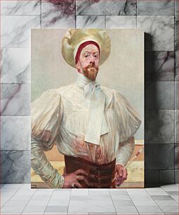 Πίνακας, Self-portrait of artist Jacek Malczewski wearing a white traditional 19th century artist's smock (or smock-frock), a white neck scarf (a common garment for European men in the 18th and 19th century) and a wide w