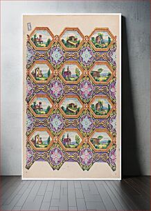 Πίνακας, Sheet with pattern of brightly colored landscapes in hexagonal frames