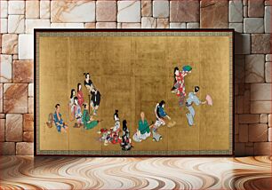 Πίνακας, Six-panel folding screen; several groups of figures against gold leaf background; casually clad man sits next to a fabric-wrapped bundle on L; a cluster of five figures follows, two standing girls and a young ma