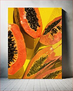 Πίνακας, Sliced Papayas on Yellow Background Παπάγια σε φέτες σε κίτρινο φόντο