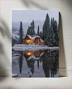 Πίνακας, Snowy Cabin by a Reflective Lake Χιονισμένη καμπίνα δίπλα σε μια αντανακλαστική λίμνη