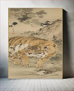 Πίνακας, Standing tiger with stream in foreground; rock with birds on UR; branch from pine tree at UL