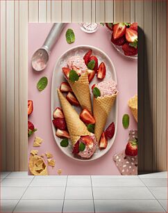 Πίνακας, Strawberry Ice Cream Cones Χωνάκια παγωτού φράουλα