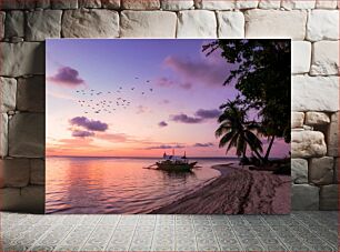 Πίνακας, Sunset by the Beach with Boat Ηλιοβασίλεμα δίπλα στην παραλία με βάρκα