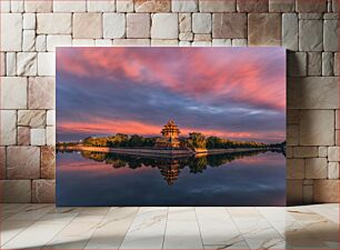 Πίνακας, Sunset Over Ancient Tower and Reflective Water Ηλιοβασίλεμα πάνω από τον αρχαίο πύργο και το ανακλαστικό νερό