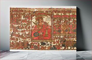 Πίνακας, surface covered with paintings of warriors; battle scenes, horses, carts, and more; large mustachioed figure in red at center holds a spear and lotus; faces four other seated figures