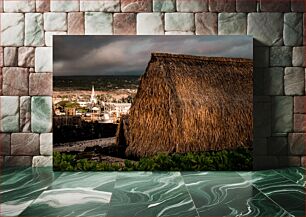 Πίνακας, Thatched Roof Hut in Coastal Town Καλύβα με αχυρένια στέγη στην παράκτια πόλη