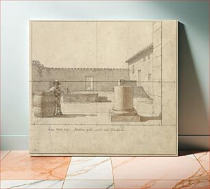 Πίνακας, The linear perspective, applied to the art of painting - Draft for unused illustration - Southern courtyard with farmer, wine barrel and column fragment. by C.W. Eckersberg