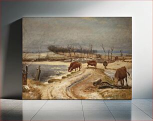 Πίνακας, The young cattle are watered on a winter day by Johan Thomas Lundbye