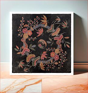 Πίνακας, Three vertical panels sewn together with circular floral design; black background with pink, orange, red, green, blue, and yellow flowers, leaves, and gray branches over a blue ring with a brown and black bird a