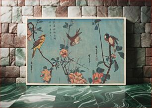 Πίνακας, Titmouse and Camellias (right), Sparrow and Wild Roses (center), and Black-naped Oriole and Cherry Blossoms (left)