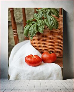 Πίνακας, Tomatoes and Basil in Basket Ντομάτες και βασιλικός στο καλάθι