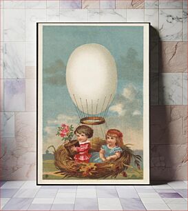 Πίνακας, Two children in a hot air balloon made up of an egg-shaped balloon and a bird's nest - one of the children is holding a potted flower
