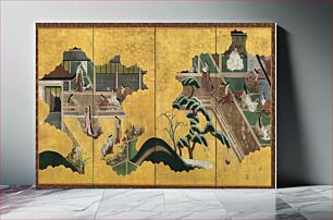 Πίνακας, Two cut-away interior vignettes with hill and trees between them; scene on left with man in black at left; standing lady at center in white flowered kimono and red apron-like skirt; three seated woman at right,