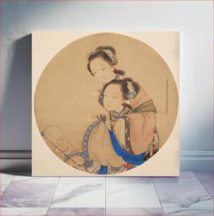 Πίνακας, two young women reading a book; woman in front with blue trim on her garment and wearing a hoop earring with white bead drops holds book in her PL hand and holds a fan with a bamboo handle in her PR hand; woman