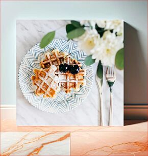 Πίνακας, Waffles with Cherries on a Patterned Plate Βάφλες με κεράσια σε πιάτο με σχέδια