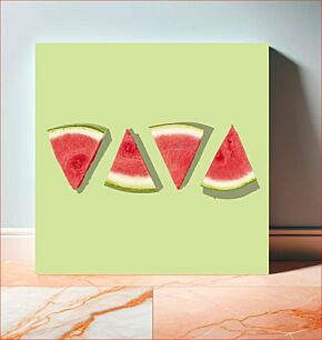 Πίνακας, Watermelon Slices on Green Background Φέτες καρπούζι σε πράσινο φόντο