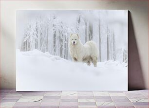 Πίνακας, White Dog in Snowy Forest Λευκό σκυλί στο χιονισμένο δάσος