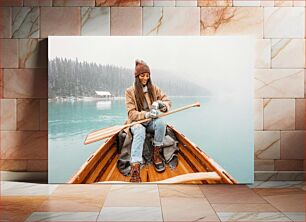 Πίνακας, Woman canoeing on a serene lake Γυναίκα που κάνει κανό σε μια γαλήνια λίμνη