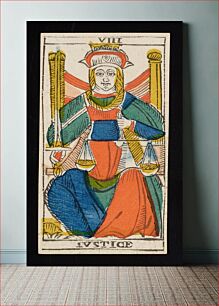 Πίνακας, woman in headdress seated facing the viewer with scales in her left hand and a sword in her right; Roman numeral VIII printed on top border and JUSTICE printed on bottom; from a deck of 78 hand-colored triumph p