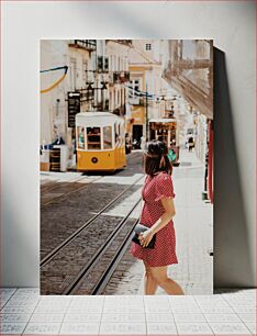 Πίνακας, Woman in Red Dress Looking at City Tram Γυναίκα με κόκκινο φόρεμα κοιτάζοντας το τραμ της πόλης