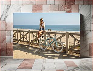 Πίνακας, Woman Sitting with Bike at the Beach Γυναίκα που κάθεται με το ποδήλατο στην παραλία