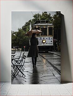 Πίνακας, Woman with Umbrella Near Tram Γυναίκα με ομπρέλα κοντά στο τραμ