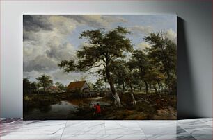 Πίνακας, Wooded landscape with watermill, on the right bank of stream to left of center, a huntsman in a scarlet coat