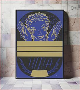 Πίνακας, [WPA poster design on blue background showing the head and hands of a woman holding flowers and wheat above a blank banner]