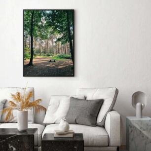 Πίνακας, ένα παγκάκι που κάθεται στη μέση ενός δάσους