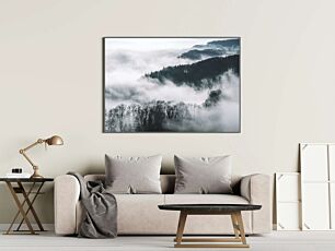 Πίνακας, μια ασπρόμαυρη φωτογραφία ενός δάσους καλυμμένου με ομίχλη
