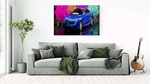 Πίνακας, ένα μπλε αυτοκίνητο παρκαρισμένο μπροστά σε ένα πολύχρωμο φόντο