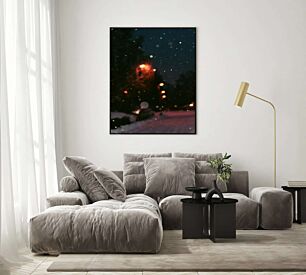 Πίνακας, μια θολή εικόνα ενός φωτός του δρόμου στο χιόνι