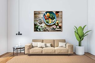 Πίνακας, ένα μπολ με φαγητό που κάθεται πάνω από ένα ξύλινο τραπέζι