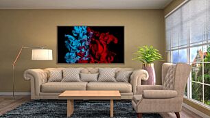 Πίνακας, ένα μάτσο κόκκινο και μπλε καπνό που επιπλέει στον αέρα