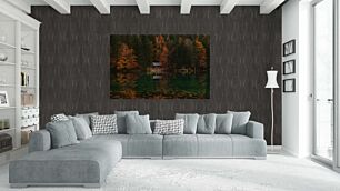 Πίνακας, μια καμπίνα που κάθεται στη μέση μιας λίμνης που περιβάλλεται από δέντρα