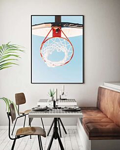 Πίνακας, κοντινό πλάνο στεφάνης μπάσκετ με καταγάλανο ουρανό στο φόντο